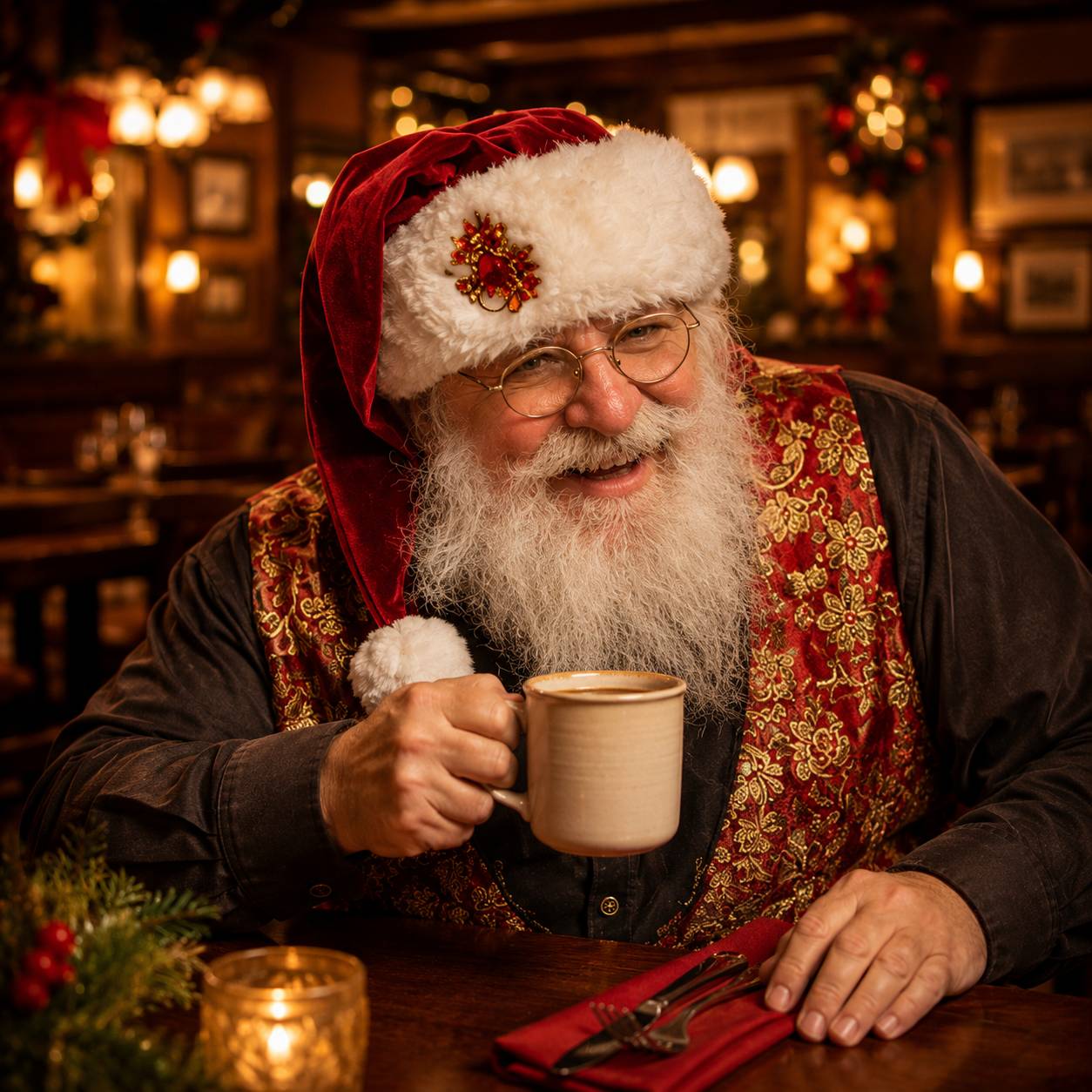 Santa at rustic tavern setting